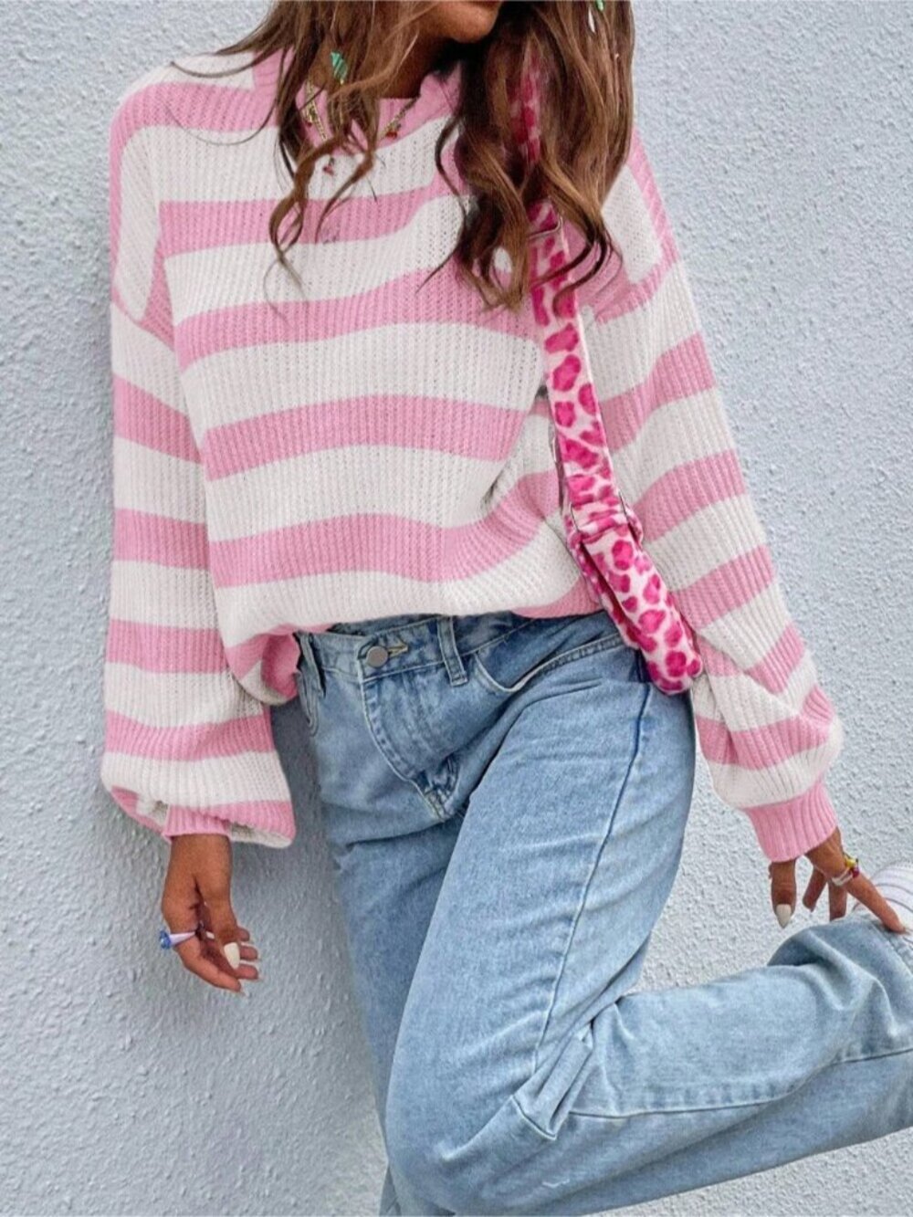 Multicolor Casual Women's Striped Dropped Shoulder Loose Pullover Sweater - Picture 7 of 8